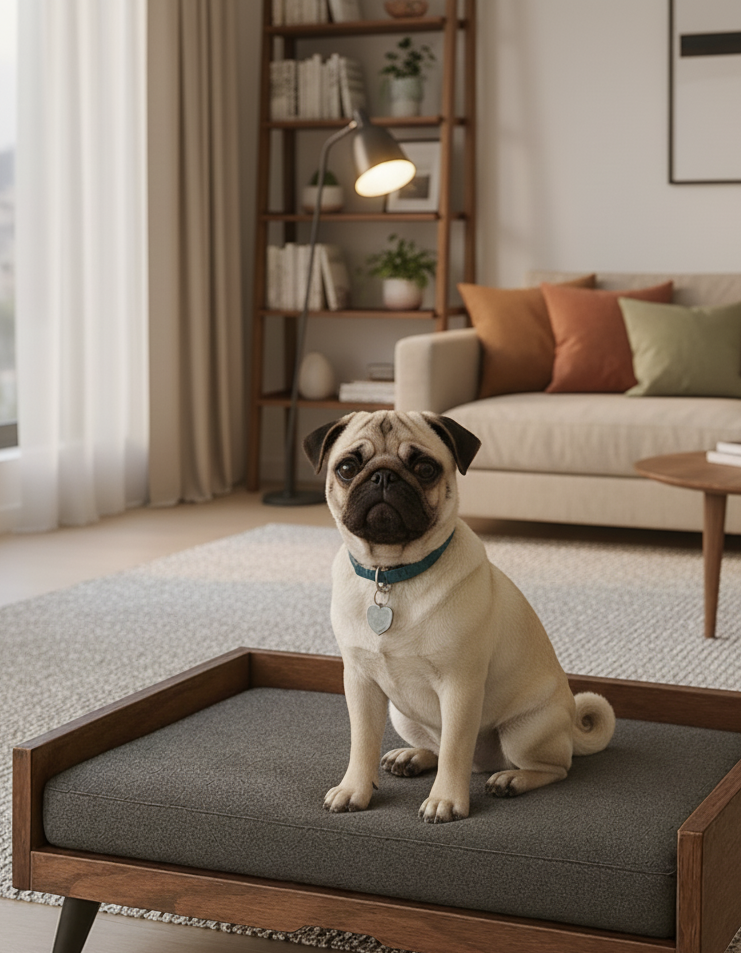 Cama para tu engreido – Estructura de Madera Maciza en color Nogal, Colchón Suave, Estilo Minimalista