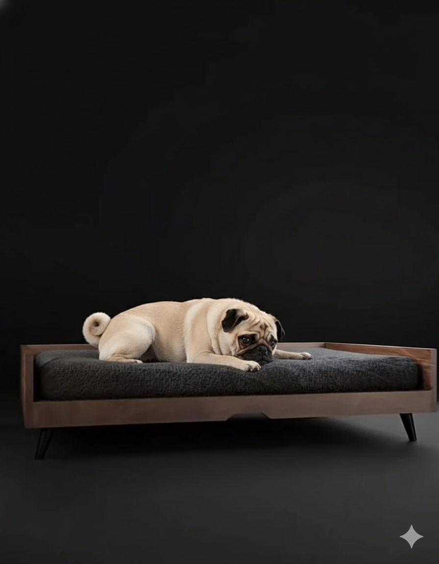 Cama para tu engreido – Estructura de Madera Maciza en color Nogal, Colchón Suave, Estilo Minimalista