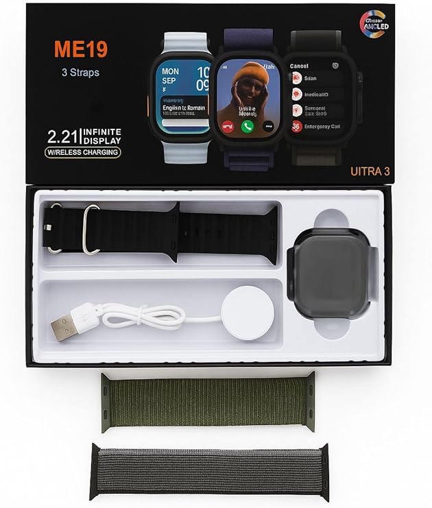 Reloj inteligente ME19 Ultra 3 con pantalla AMOLED de 2,21" y carga inalámbrica, con 3 correas