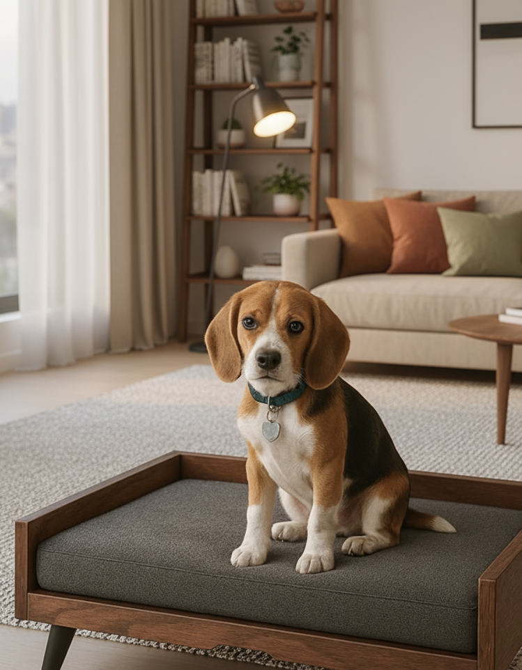 Cama para tu engreido – Estructura de Madera Maciza en color Nogal, Colchón Suave, Estilo Minimalista