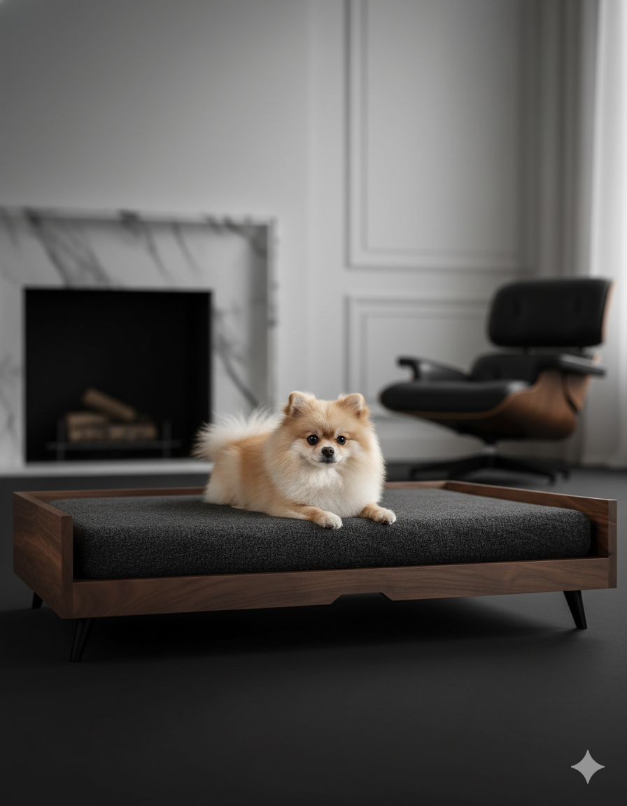 Cama para tu engreido – Estructura de Madera Maciza en color Nogal, Colchón Suave, Estilo Minimalista